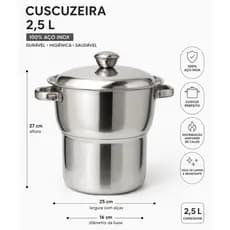 Cuscuzeira 2,5L Aço Inox Útil Bazar para Indução, Gás e Elétrico com Tampa e Alças Reforçadas