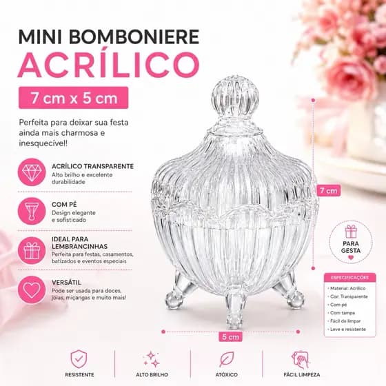 Kit 10 Mini Bomboniere de Acrílico com Tampa e Pé para Lembrancinhas e Decoração