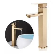 Torneira Banheiro Lavatório Bica Alta Metal Inox Dourada
