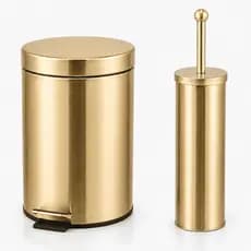 Kit Lixeira Redonda com Pedal 3L e Escova Sanitária Cesto Removível Banheiro Inox Dourado Brinovar