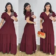 Vestido Feminino Longo Manga 3 Maria Saia Babado Festa Fardamento Evangélico Dia das Mães Madrinha