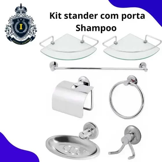 Kit Acessórios Banheiro 5 peças Inox com 2 Porta Shampoo Canto