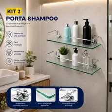 Kit 2 Prateleiras Porta Shampoo Vidro Temperado 6mm Suporte Alumínio Banheiro