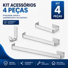 Kit 4 Peças Acessórios Banheiro Quadrado Alumínio Inox Cromado Luxo - Porta Toalha, Papeleira, Gancho e Saboneteira