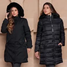 Sobretudo Alongado Puffer Dupla Face com Capuz Peluciado