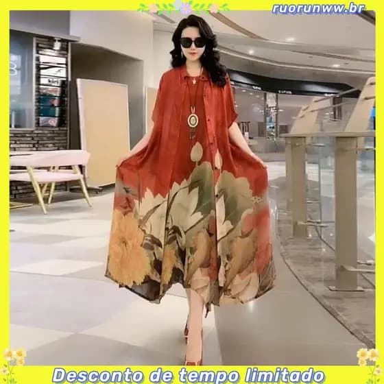 Vestido De Seda Feminino De Duas Peças Elegante Floral Plus Tamanho Casual Beach Vintage Long Mom Summer New Fashion