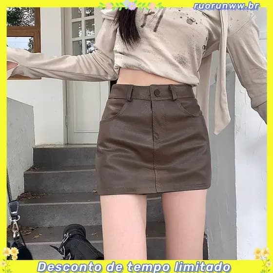 Saia marrom pu pequena feminina 145 curta primavera outono saia de cintura alta nádegas saia de couro a linha saia de c