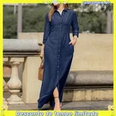 Vestido jeans longo com lapela de manga comprida de cor sólida para mulheres