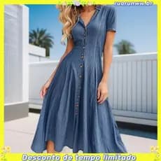 Vestido Jeans Longo Com Gola Redonda E Botões Na Frente . Conservador , Modesto , Evangélico , Estilo Cristão