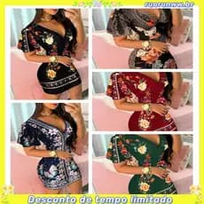 [yyr]-Vestido Gola V Manga Curta Mini Cintura Apertada Colorida Estampa Floral Magricela Feminino De Festa