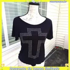 Blusa Maxi Veste Estampa de Cruz em Strass