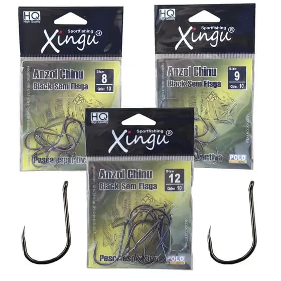 Kit Anzol sem Farpa Fisga Chinu Black Xingú Tamanho 8 9 12