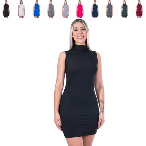 Vestido Curto Com Gola Alta Regata Colado Canelado Tubinho