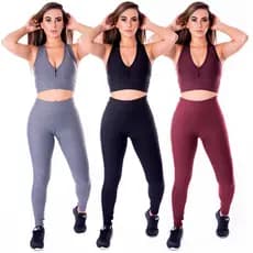 KIT 3 Conjunto Fitness Feminino Top + Calça Legging De Academia Ginástica Suplex promo