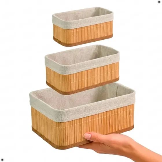 Kit 3 Cestos Organizador De Bambu Com Forro Multiuso Natural Bege Versáteis para Casa