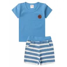 Conjunto Infantil Verão Masculino Meia Malha e Moletinho EcoSustentável Listrado Azul