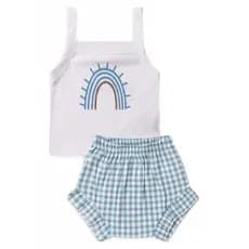 Conjunto Infantil Verão Blusinha Arco-Íris e  Short Xadrez