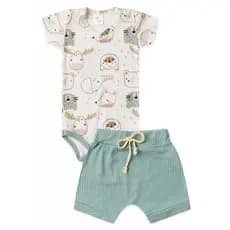 Conjunto Infantil Masculino Body Estampado e Short com Cordão