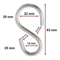 Ganchos Tipo S Zincado Aço Metal Multiuso 63mm 15 unidades