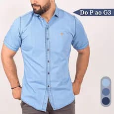 Camisa Social Jeans Masculina Lisa Básica Manga Curta Casual Formal Slim