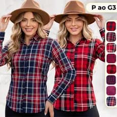 Camisa Xadrez Feminina Festa Junina Risca de Giz Quadriculada Manga Longa Caipira Rodeio