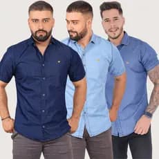 Camisa Jeans Masculina Manga Curta Social Botões Luxo Social Casual