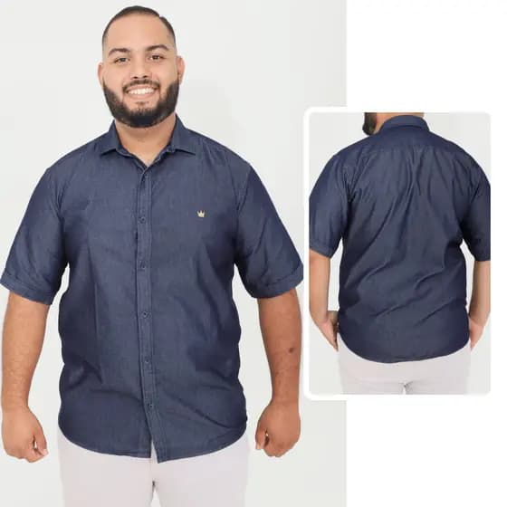 Camisa Jeans Plus Size Masculina Manga Curta Casual Social Algodão G1 G2 G3