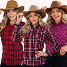 Camisa Xadrez Feminina Festa Junina Risca de Giz Quadriculada Manga Longa Caipira Rodeio
