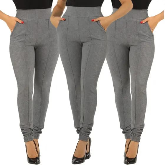 Kit 3 Calça Social Malha Crepe Cintura Alta Feminina Skinny