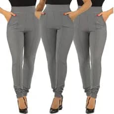 Kit 3 Calça Social Malha Crepe Cintura Alta Feminina Skinny