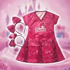 Fantasia tema Barbie Vestido Rosa com Laço + Tiara Tema Princesa