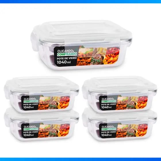 Kit 5 Pote De Vidro 1040 Ml Reserva Preserva Alimentos Forno Micro-ondas