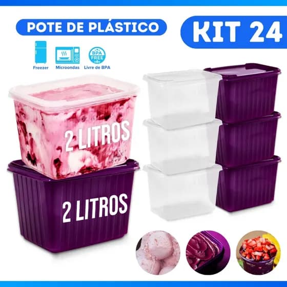 Pote Sorvete 2 Litros Transparente 24 Unidades c/ Tampa Alta Vedação BP Potes