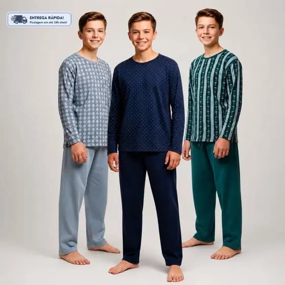Pijama Infantil Menino Manga Comprida Inverno Juvenil Masculino Roupa Dormir Tamanho 2 ao 16 anos