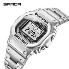 SANDA 390 Multi-Função Moda Relógios Masculinos LED Digital Relógio Masculino Pulseira De Aço Inoxidável De Pulso Casual