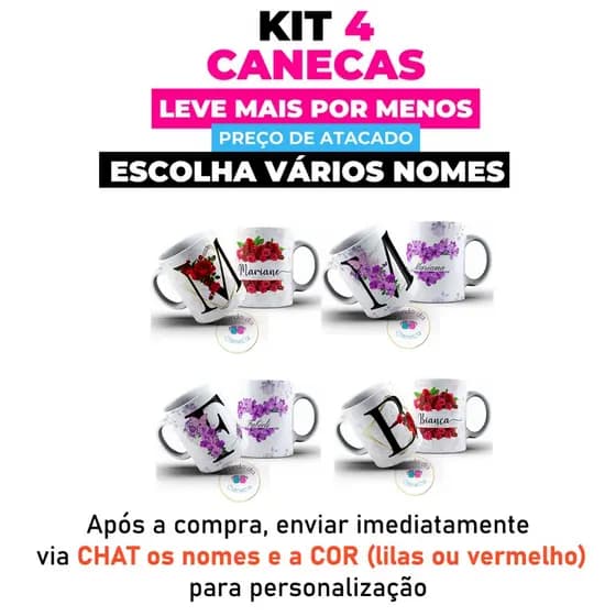 Caneca Personalizada com a Inicial e seu Nome Floral de Porcelana (Temos Todas as Iniciais)
