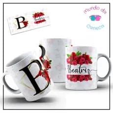 Caneca Personalizada com Inicial e Nome Floral Vermelha de Porcelana (Temos Todas as Iniciais)