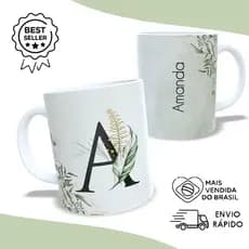 Caneca Personalizada Inicial e Nome Floral Verde de Porcelana (Temos todas as iniciais)
