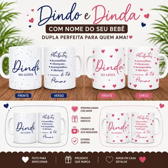 Caneca Dinda e Dindo Personalizada Com Nome do Bebe e Frase Convite Madrinha e Padrinho De Batismo de Porcelana