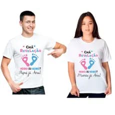 Camisetas chá revelação papai e mamãe pezinhos de bebês menino ou menina