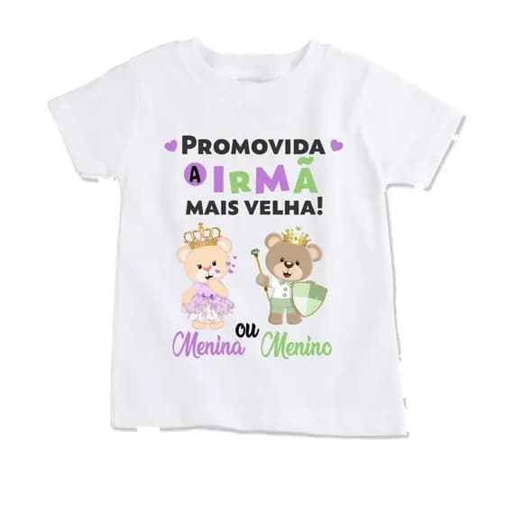Camiseta infantil chá revelação promovida a irmã mais velha ursinhos lilás e verde 0202