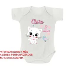 Body para mêsversário menina bebê tema gatinha personalizado com nome