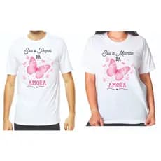 Camisa personalizada com nome para papai e mamãe de menina borboletas e passáros rosa informar nome