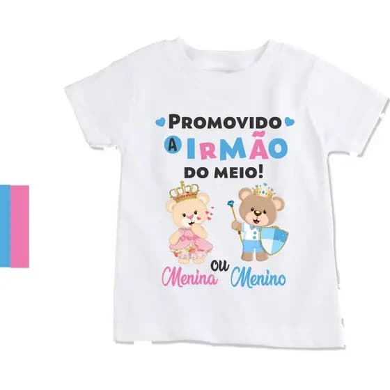 Camiseta chá revelação promovido a irmão do meio ursinhos azul e rosa claro