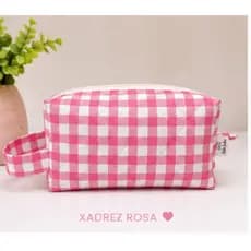 Necessaire Organizador Cosmético Porta Maquiagem Feminino Xadrez Rosa Pink