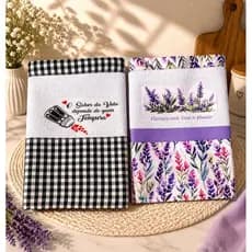 Kit Com Dois Panos de Prato com Barrado e Frase Personalizada