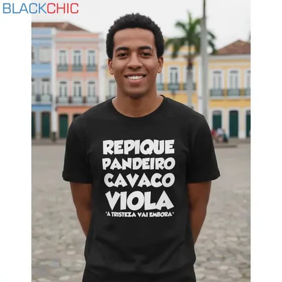 Camiseta Masculina Samba Pagode Estampa Repique Pandeiro Cavaco Viola Algodão Manga Curta P M G GG