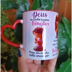 Caneca Personalizada de Porcelana Bençãos Que Não Tem Fim - Alça e Interior Colorido - Alça Coração