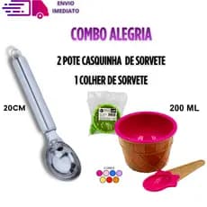 1 Colher de Sorvete e 2 Pote de Sorvete com Colher Para Sobremesas Gelada Combo Alegria
