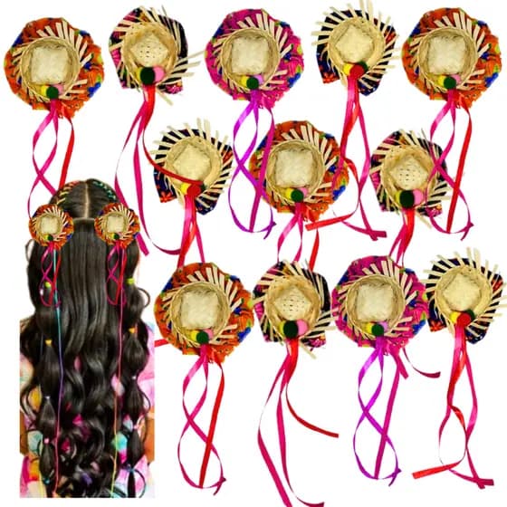 Kit C/12 Mini Chapéu De Palha Festa Junina Menina Presilha Atacado Pacote